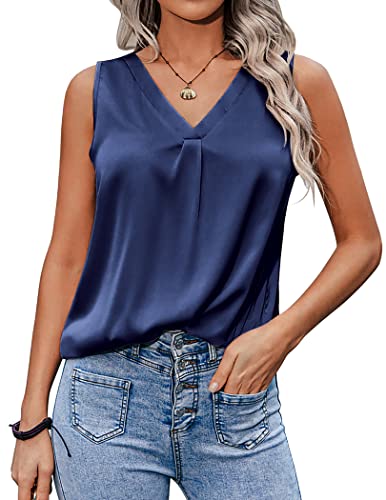 Zeagoo Damen 2023 Seide Satin Tank Tops V-Ausschnitt Casual Cami Ärmellos Camisole Blusen Sommer Basic Tank Shirt, Marineblau, Mittel von Zeagoo