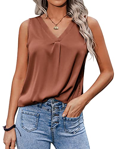 Zeagoo Damen 2023 Seide Satin Tank Tops V Ausschnitt Casual Cami Ärmellos Camisole Blusen Sommer Basic Tank Shirt, Terrakotta, Klein von Zeagoo