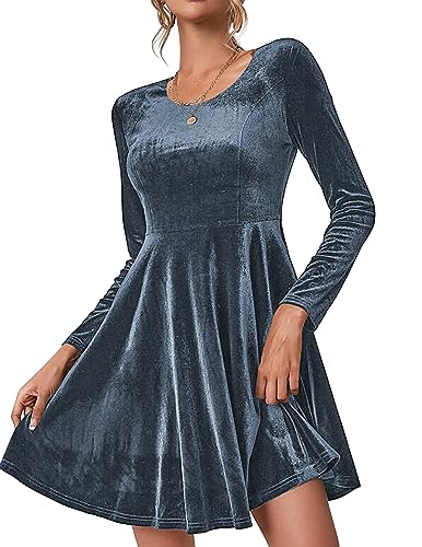 Zeagoo Kleid Damen Samtkleid Weihnachtskleid Elegant Winterkleid Langarm Abendkleid Rundhals Cocktailkleid Festliche Partykleid Knielang Ballkleider Dunkelgrau XL von Zeagoo