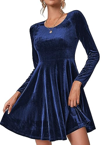 Zeagoo Cocktail Kleid Damen elegant Abendkleider Knielang Samtkleid Abendkleider Langarm Rundhals Kleid Bodycon Partykleid Einfarbig Freizeitkleid Dunkelblau S von Zeagoo