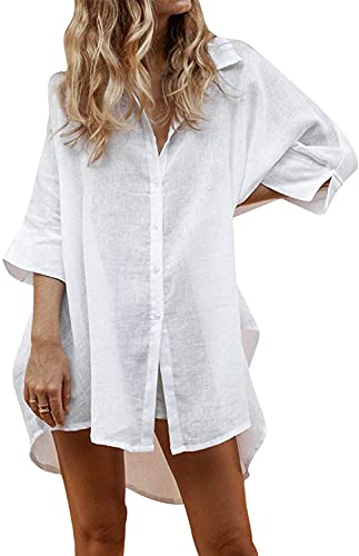 Zeagoo Damen Badeanzug Coverup 3/4 Ärmel Leinenhemden Casual Button Down Strand Cover Up, reinweß, Medium von Zeagoo