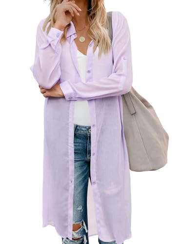 Zeagoo Damen Badeanzug Strand Cover Up Cardigan Badeanzug Button Down Shirt Roll-up Sleeve Bikini Strandkleidung S-3XL, lavendel, Medium von Zeagoo