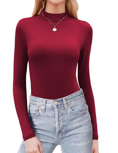 Zeagoo Damen Basic Rollkragenshirt Rollkragen Enges Oberteile Langarmshirt Elegant Solide Rollkragenpullover Langarm Stretch Tops Tiefrot XS von Zeagoo