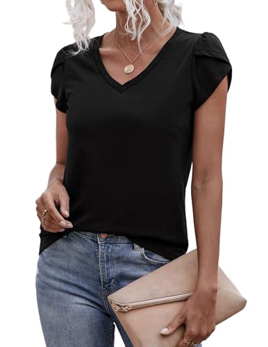 Zeagoo V-Ausschnitt Shirt Damen Kurzarm Elegante Tunika Shirt Lässig Blütenblatt Ärmel Blusen Basic Weich Oberteil Schwarz S von Zeagoo