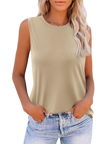 Zeagoo Damen Basic Top Ärmellose Sommer T Shirt Einfarbig Tank Top Rundhals Oberteile Weste Khaki M von Zeagoo