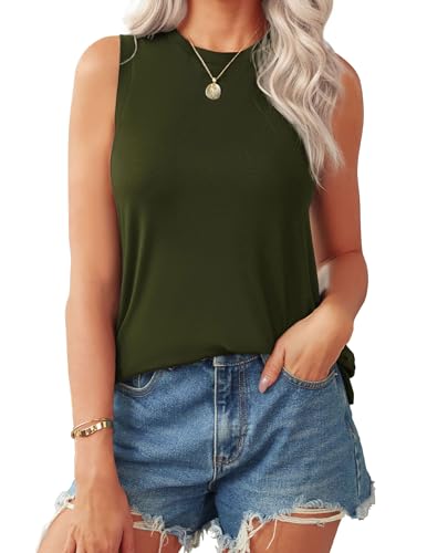 Zeagoo Damen Basic Top Ärmellose Sommer T Shirt Einfarbig Tank Top Rundhals Oberteile Weste Armeegrün XL von Zeagoo