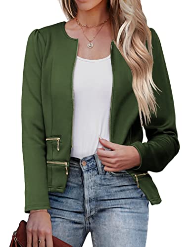 Zeagoo Damen Blazer Cropped Open Front Reißverschluss Kleid Jacke O Neck Casual Office Anzug Jacke, Grün (Army Green), S von Zeagoo