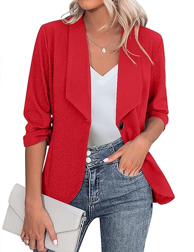 Zeagoo Damen Blazer Elegant 3/4 Arm Business Longblazer Slim Fit Revers Blazer Sakko Casual Arbeit Blazer Anzug Rot L von Zeagoo