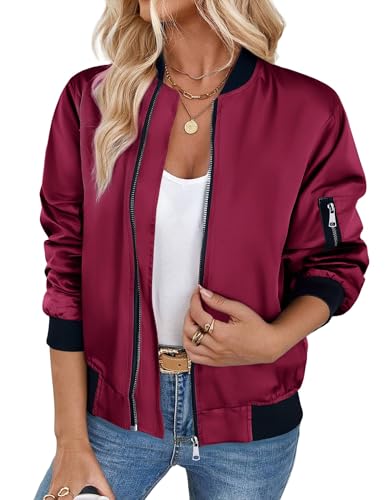 Zeagoo Damen Blouson Jacke Light Bomber Jacket mit Reißverschluss Solid Pilotenjacke Vintage Freizeitjacke Weinrot XL von Zeagoo
