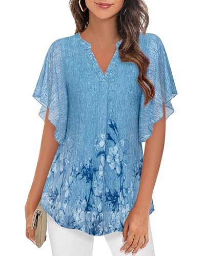 Zeagoo Damen Blumen Bluse Batwing Elegant Falten Tunika Bluse Mesh Doppellagige Shirt Blau-Muster A XXL von Zeagoo