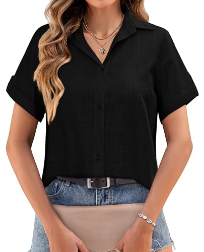 Zeagoo Bluse Kurzarm Damen Leinen Leicht Luftig Button Down Hemdbluse Elegant V Ausschnitt Damenblusen Businessbluse Hemd Leicht Blusen Oberteil Hemden Sommer Schwarz XL von Zeagoo