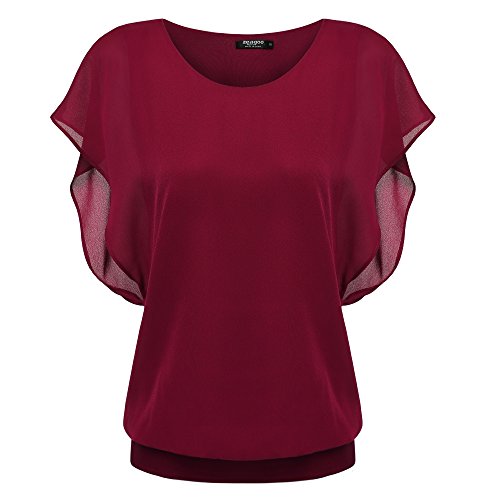 Zeagoo Damen Chiffon Fledermaus Bluse Rundhalsausschnitt Sommer Doppellagige Oberteile Leichte Fließende Bluse Weinrot L von Zeagoo