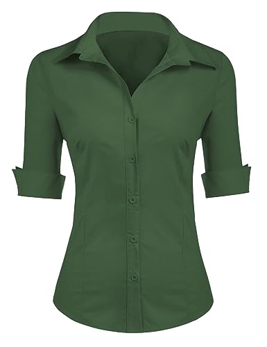 Zeagoo Damen Bluse Baumwolle Hemd 3/4 Arm Tops Shirt Elegant mit Button Down Oberteile Freizeit Tops Dunkelgrün XXL von Zeagoo