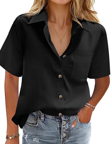 Zeagoo Bluse Damen Sommer Baumwolle Leinen Hemd Elegant Kurzarm Oberteile V-Ausschnitt Button-Down Blusen Casual Hemdbluse Basic Revers Shirts Tunika Tops Schwarz L von Zeagoo