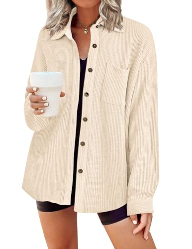 Zeagoo Damen Bluse Einfarbig Pullover Waffel Hemd Langarm Strickjacke Button Down Tuniken V-Ausschnitt Shirt Jacket Blusen Basic Oberteile Loose Mantel Beige XL von Zeagoo