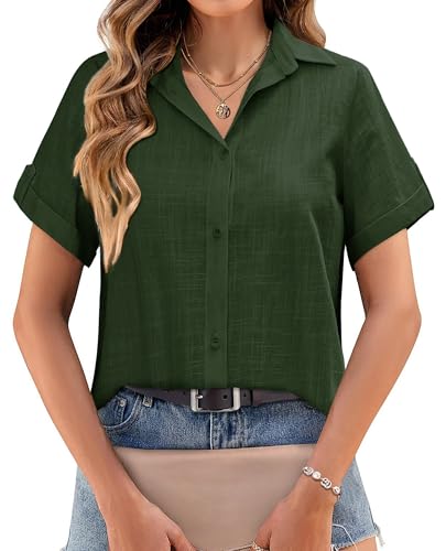 Zeagoo Musselin Damen Bluse Kurzarm Leinen mit Knopf Hemden Button Down Leinenhemd Basic Bluse Frau Casual Blusen Elegant Streetwear Oberteile Basic Grün XXL von Zeagoo