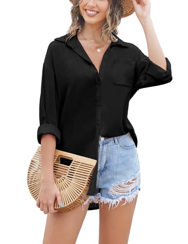 Zeagoo Damen Bluse Elegant V-Ausschnitt Casual Hemdbluse Langarmshirt Tops Büro Business Shirts mit aufrollbaren Ärmeln Schwarz L von Zeagoo