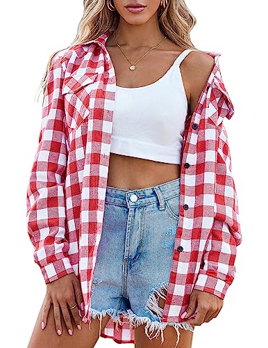 Zeagoo Damen Bluse Karierte Langarm Karohemd Sommer Oberteil V Neck Tunika Top mit Einstellbare Ärmeln Wassermelonenrot S von Zeagoo