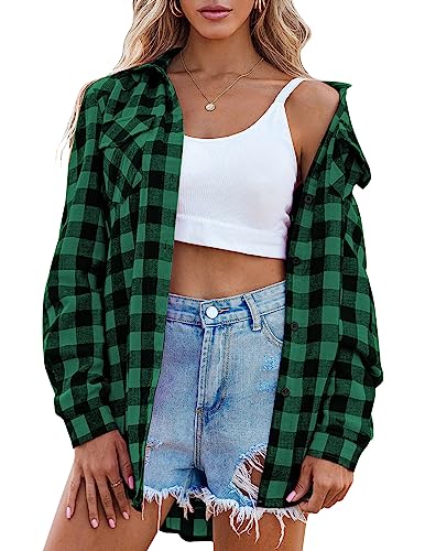 Zeagoo Damen Bluse Kariertes Hemd V-Ausschnitt Trachtenbluse Langarm Shirt Oktoberfest Oberteile Knöpfen Karohemd Casual Tops Blau XXL A-Dunkelgrün 3XL von Zeagoo