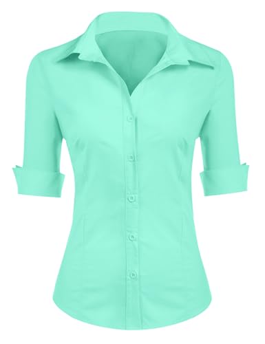 Zeagoo Damen Bluse Kurz Slim Fit Hemd mit V-Ausschnitt Basic Shirt Button Down Casual Tops Oberteile Eisgrün XXL von Zeagoo