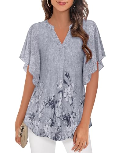 Zeagoo Damen Bluse Kurzarm Blumen Tunika Shirt Elegant Doppellagig V-Ausschnitt Mesh Locker Shirt Grau-Muster A XXL von Zeagoo