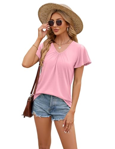 Zeagoo Damen Bluse Kurzarm Falten Shirts Sommer top Leicht Sommerblusen Tunika V-Ausschnitt Blusenshirt Basic Oberteile Rosa M von Zeagoo