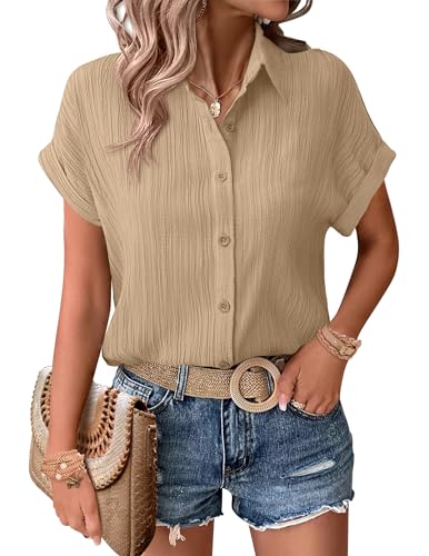Zeagoo Bluse Damen Sommer V Ausschnitt Hemd Elegante Blusen Kurzarm Hemdbluse Button Down Shirt Women Champagner XL von Zeagoo