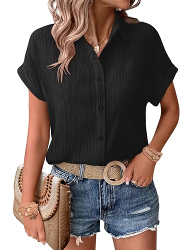 Zeagoo Blusen Damen Sommer Bluse Kurzarm Hemd V Ausschnitt Hemdbluse Modern Tunika Button Down Schwarz L von Zeagoo