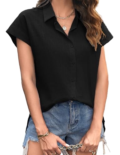 Zeagoo Bluse Damen Sommer Kurzarm Leinenbluse 100% Baumwolle Hemdbluse Elegant V-Ausschnitt Oberteile Oversized Musselin Hemd Casual Knopf Sommerblusen A-Schwarz S von Zeagoo