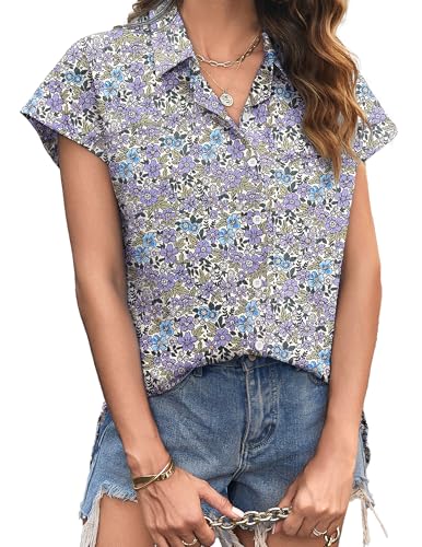 Zeagoo Damen Bluse Sommer Kurzarm Hemd 100% Baumwolle Leinenbluse Elegant V-Ausschnitt Sommerblsuen Lässig Leinen Hemd Floral Lila M von Zeagoo