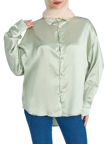 Zeagoo Damen Bluse Satin Elegant V-Ausschnitt Langarm Casual Oberteile Hemd Lose Langarmshirt Tops hellgrün XXL von Zeagoo