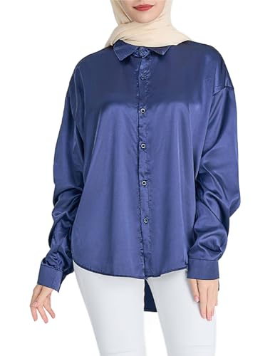 Zeagoo Damen Bluse Satin Elegant V-Ausschnitt Seide Hemd Langarm Casual Arbeit Einfarbig Button Down Lose Langarmshirt Oberteile Tops Blau XXL von Zeagoo