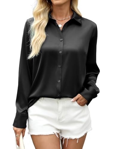 Zeagoo Damen Bluse Satin Langarm Lässige Hemden Elegant V-Ausschnitt Satinblusen Button Down Hemd Shirts Business Oberteil Tops Schwarz XXL von Zeagoo