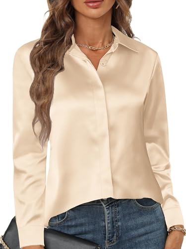 Zeagoo Satin Bluse Damen Satin Seide Hemd Elegant V-Ausschnitt Hemden Business Blusentop Langarm Shirt Lässiges Oberteile Lockere Tops Beige XXL von Zeagoo