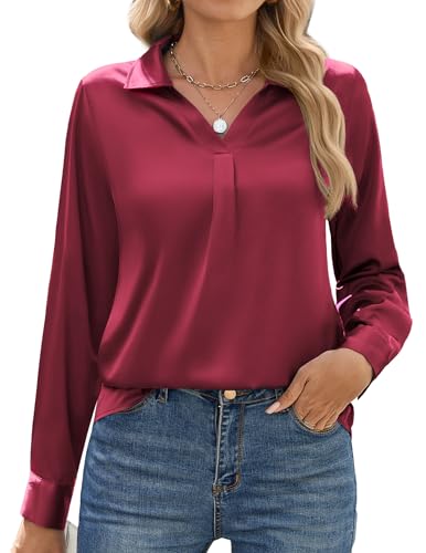 Zeagoo Damen Bluse Satin Seide V-Ausschnitt Hemdbluse Elegant Langarm Business Oberteile Lose Langarmshirt Rot XXL 44 Zeagoo Damen Bluse Satin Seide V-Ausschnitt Hemdbluse Elegant Langarm Business Oberteile Lose Langarmshirt Rot XXL 44 von Zeagoo
