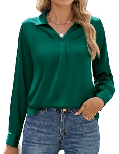 Zeagoo Damen Bluse Satin Seide V-Ausschnitt Hemdbluse Elegant Langarm Business Oberteile Lose Langarmshirt Shirt Green 40 L von Zeagoo
