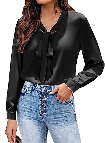 Zeagoo Damen Bluse Satin Seide V-Ausschnitt Silk Hemden Elegant mit Schleife Langarm Business Oberteile Tops Tunika Lose Shirt Schwarz M von Zeagoo