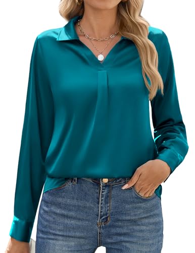 Zeagoo Damen Bluse Satin V-Ausschnitt Hemd Elegant Langarm Tunika Tops Longshirt Oberteile T-Shirts 42 XL von Zeagoo