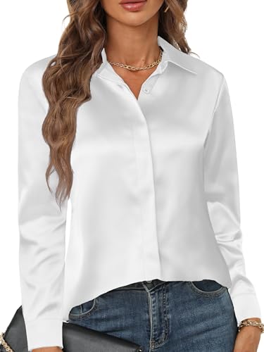 Zeagoo Damen Bluse Satin V-Ausschnitt Hemden Elegant Langarm Business Oberteile mit Knöpfen Tops Loose Langarmshirt Weiß M von Zeagoo