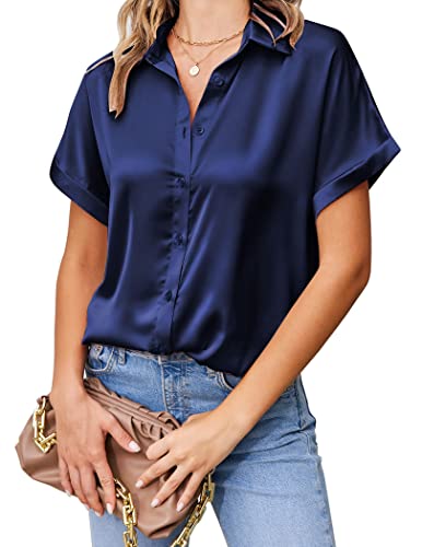 Zeagoo Damen Bluse Seide V-Ausschnitt Hemden Elegant Kurzarm Business Oberteile mit Knöpfen Freizeithemd Navy blau S von Zeagoo