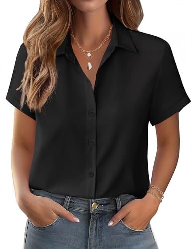 Zeagoo Damen Bluse Sommer Baumwolle Kurzarm Hemden Elegant V-Ausschnitt Hemdbluse Button Down Blusen Tops Tunika Shirt Lässige Oberteile Schwarz S von Zeagoo