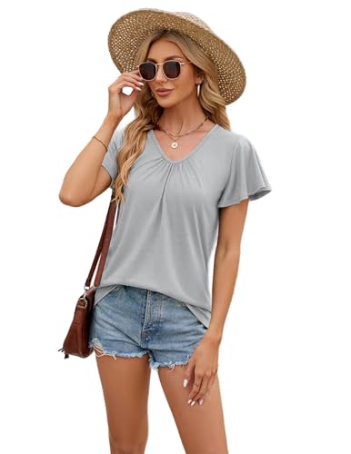 Zeagoo Damen Bluse Tunika Elegant Rüschen Ärmel Blusen Casual Shirt Flowy Falten Kurzarm T-Shirt Lässige Tunika Hellgrau XXL von Zeagoo