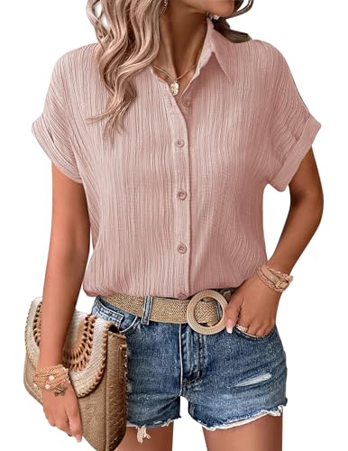 Zeagoo Bluse Kurzarm Damen Hemdbluse Leicht Blusen Sommer Oberteile Button Down Hemdbluse Modern Hellrosa XXL von Zeagoo