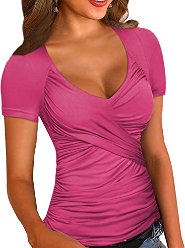 Zeagoo Damen Bluse mit gekreuzten V-Ausschnitt und gerüschten Flügelärmeln S-XXL, B_rose Red, Mittel von Zeagoo