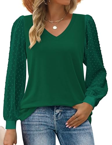 Zeagoo Damen Blusen Elegant V Ausschnitt Langarmshirt Basic Pullover Oberteile Polka Dots Ärmel Tunika Tops Casual Einfarbig Hemd Lässig Tshirt Herbst Winter Festliche Blusen Schickes Dunkelgrün S von Zeagoo