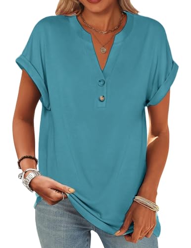 Zeagoo Damen Blusen Kurzarm Sommer Basic Shirt V-Ausscnitt Oberteil Locker Casual T-Shirt Einfarbig Tunika Türkis XXL von Zeagoo