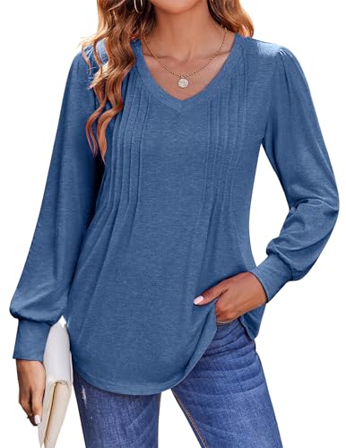 Zeagoo Langarmshirt Damen V Ausschnitt Langarm T-Shirt Long Sleeve Oberteile Elegant Falten Herbst Casual Basic Tunika Tops Shirts Navy M von Zeagoo