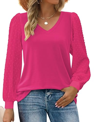 Zeagoo Damen Blusen V Ausschnitt Langarmshirt Polka Dots Ärmel Basic Pullover Oberteile Tunika Tops Elegant Casual Einfarbig Hemd Lässig Tshirt Herbst Winter Festliche Blusen Schickes Rosarot M von Zeagoo