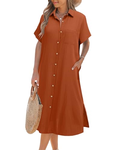 Zeagoo Damen Strandkleid Cover Up Lang Blusenkleid mit Knöpfen Kurzarm V-Ausschnitt Hemdkleid Langer Sommer Strandbluse Karamell L von Zeagoo