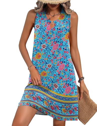 Zeagoo Damen Bohemian A-Linie Sommerkleid Muster 29 M Ärmellos U-Ausschnitt Schlüssellochkragen Tank Träger Schlüsselloch-Rücken Mittlere Taille Casual Mini Erwachsene Frauen (Casual, Frühling-Sommer) von Zeagoo